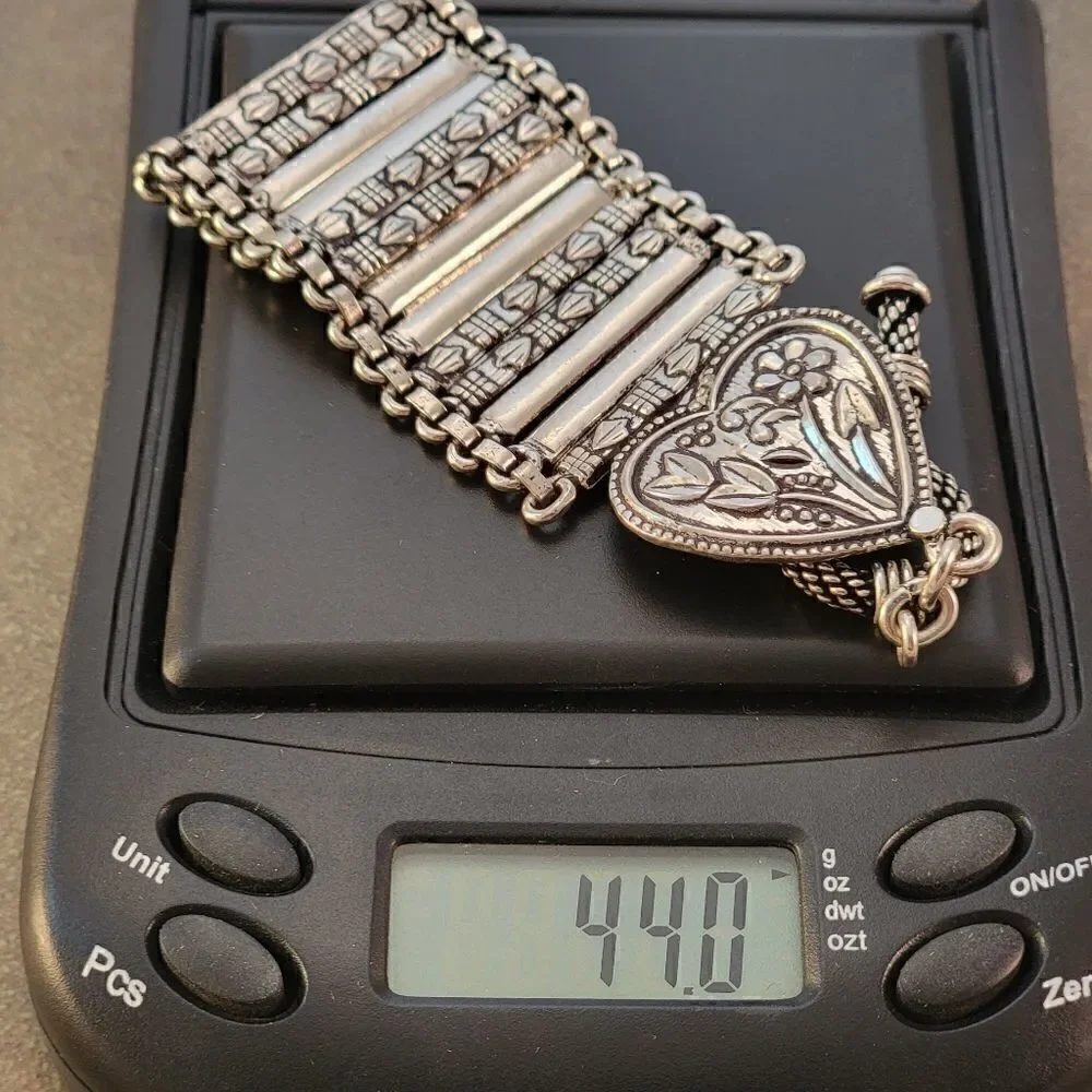 Artisan Sterling Rajasthani Wide Decorative Heart Flower Embossed Link Bracelet